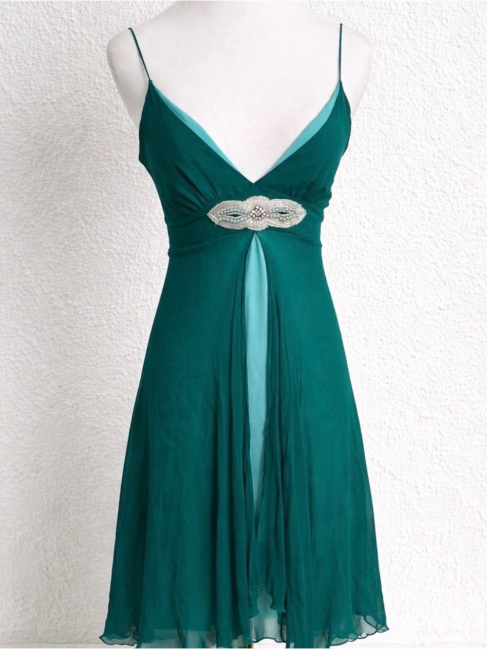 Heart moon star 100% silk babydoll lingerie gown in teal with pearl embroidery S